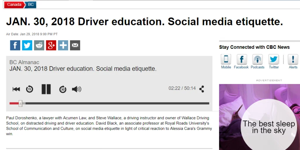 Paul Doroshenko interviewed on CBC Radio’s BC Almanac on cellphone driving