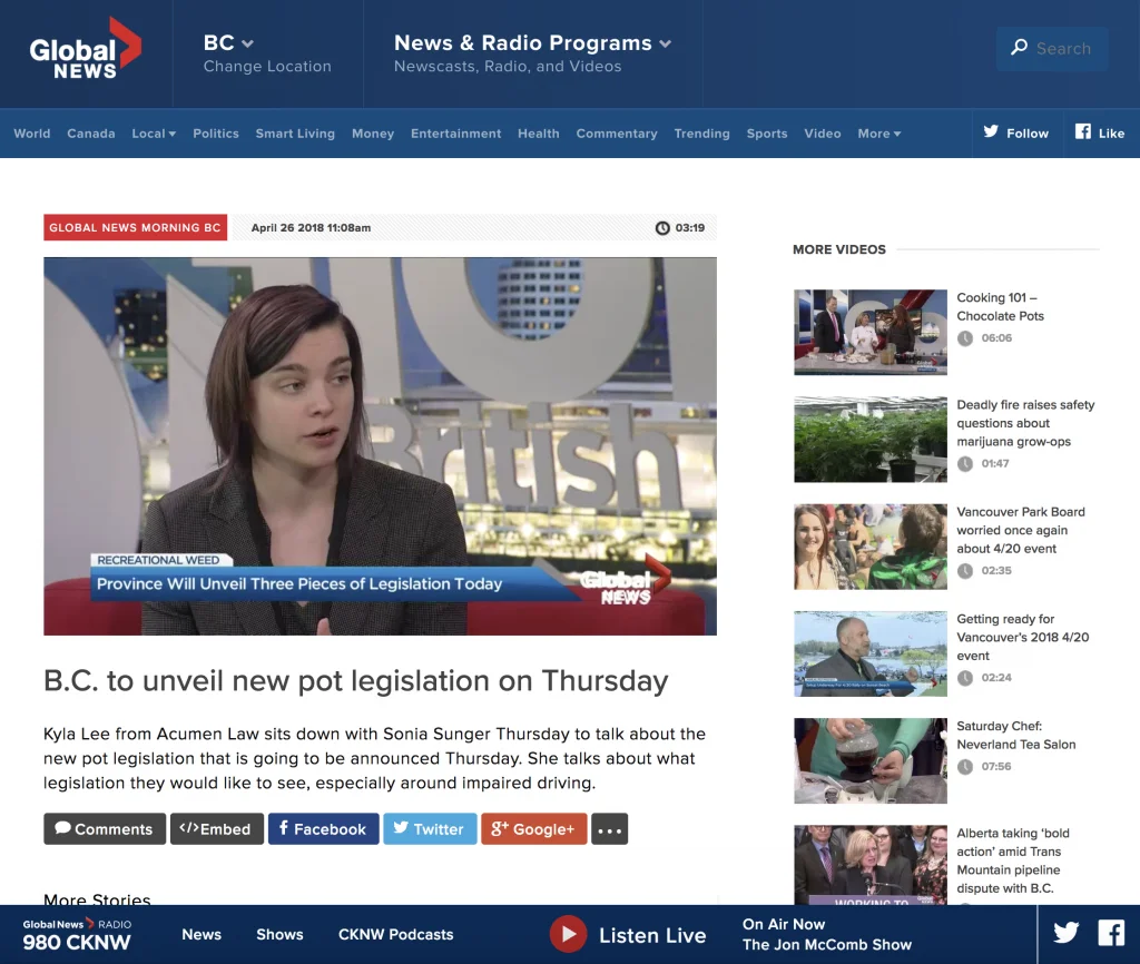 Kyla Lee on Global News BC: B.C. to unveil new pot legislation on Thursday