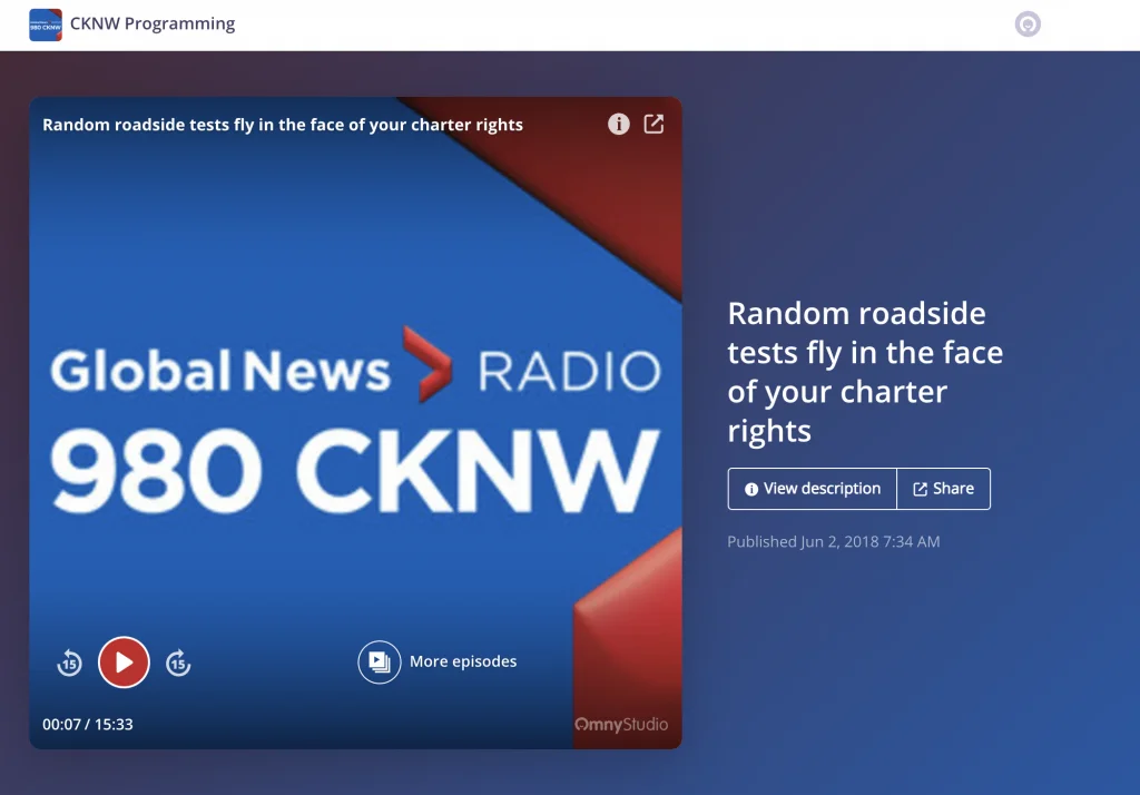 Kyla Lee on CKNW:  Random roadside tests fly in the face of your charter rights
