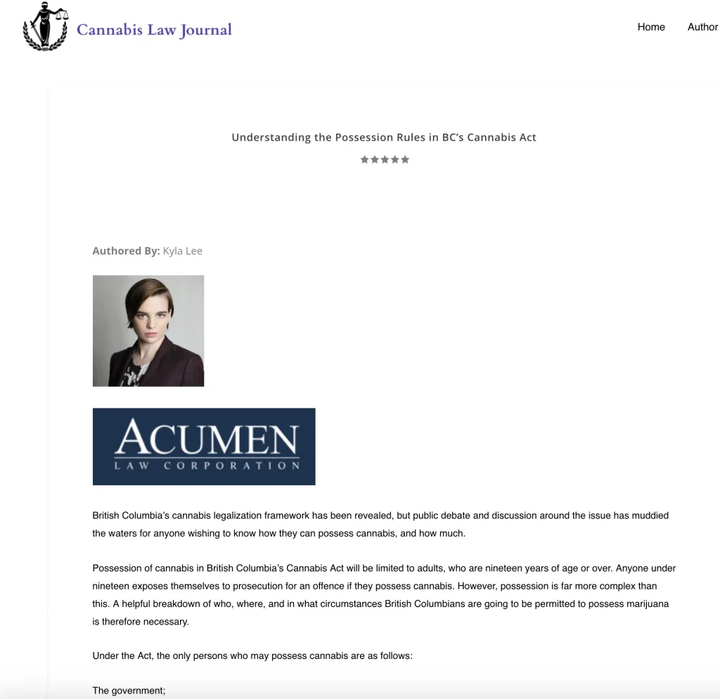 Kyla Lee in Cannabis Law Journal: Understanding the Possession Rules in BC’s Cannabis Act