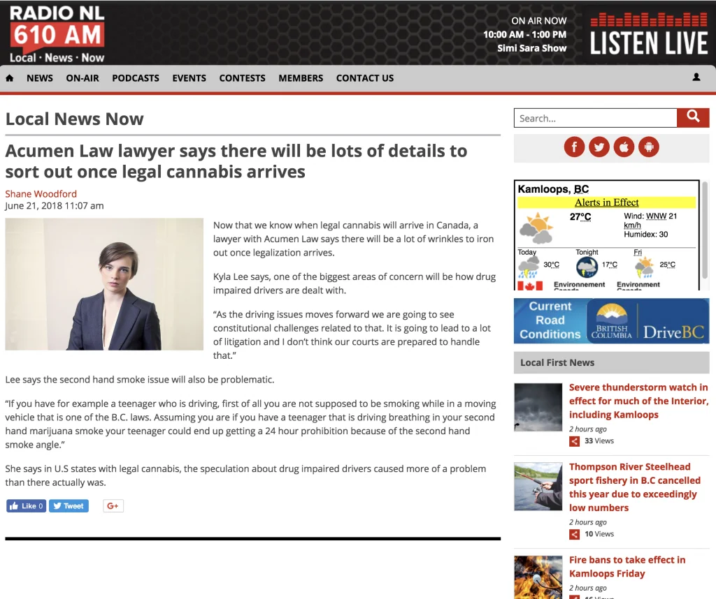 Kyla Lee on Radio NL: Acumen Law lawyer says there will be lots of details to sort out once legal cannabis arrives Kyla Lee on Radio NL: Acumen Law lawyer says there will be lots of details to sort out once legal cannabis arrives