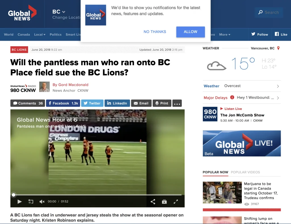 Paul Doroshenko on Global News BC: Will the pantless man who ran onto BC Place field sue the BC Lions?