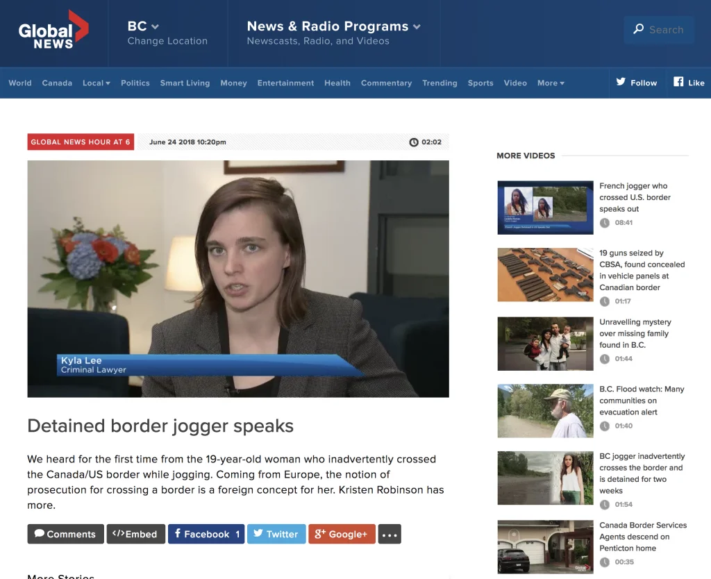 Kyla Lee on Global News BC: Detained border jogger speaks