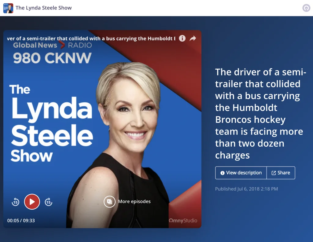 Paul Doroshenko on The Lynda Steele Show: The driver of a semi-trailer that collided with a bus carrying the Humboldt Broncos hockey team is facing more than two dozen charges Paul Doroshenko on The Lynda Steele Show: The driver of a semi-trailer that collided with a bus carrying the Humboldt Broncos hockey team is facing more than two dozen charges
