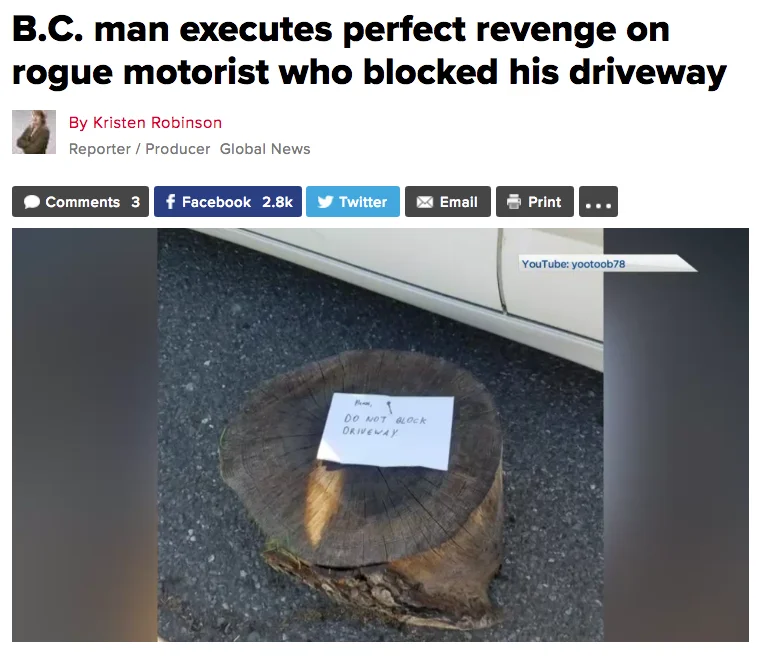 Kyla Lee on Global News: Vigilante tows car blocking driveway