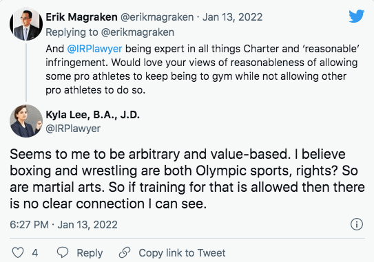 Kyla Lee in Combat Sports Law: “Arbitrary” Ontario Gym Closures Vulnerable to Legal Challenge?